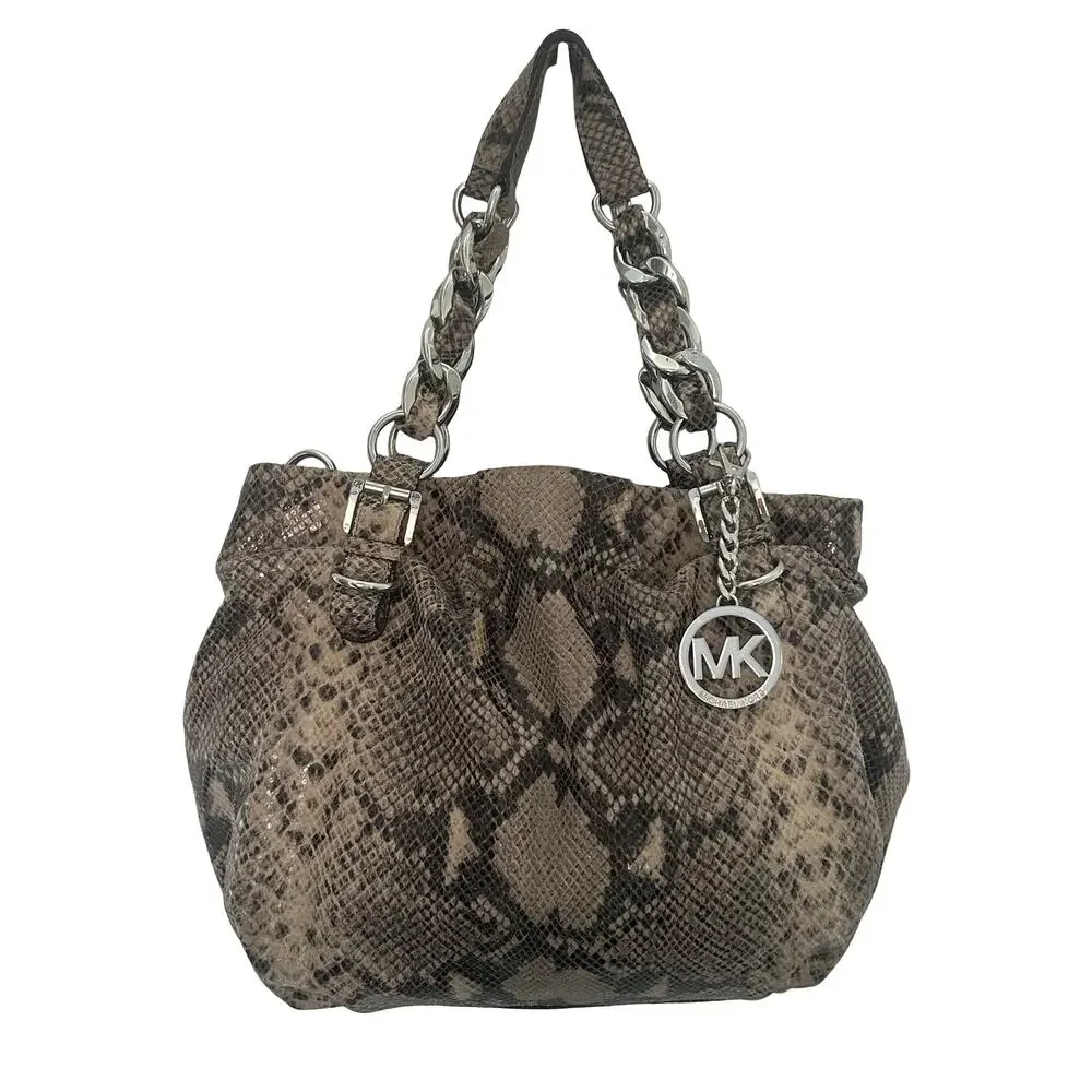 Michael Kors Snakeskin Gray Brown Leather Large Hobo Toto Purse Bag - Picture 2 of 16